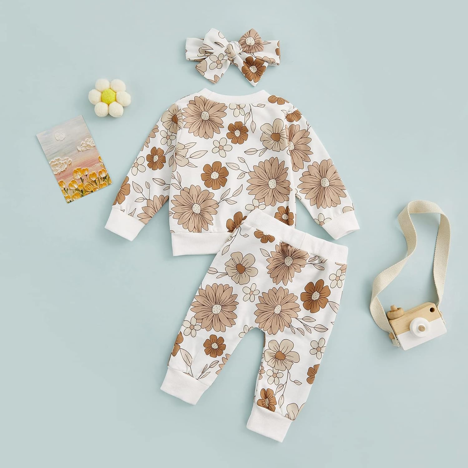 3Pcs Baby Girl Outfits Daisy Sweatshirt + Pants + Headband Infant Fall Winter Clothes