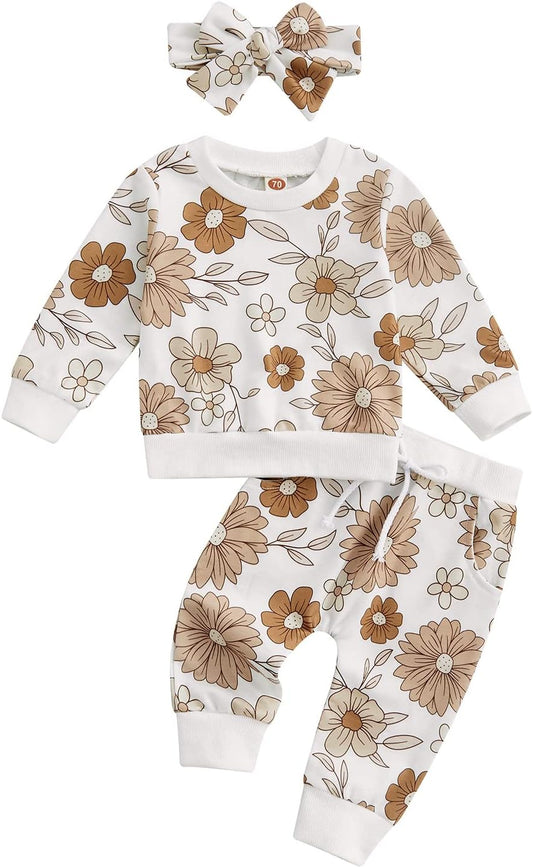 3Pcs Baby Girl Outfits Daisy Sweatshirt + Pants + Headband Infant Fall Winter Clothes