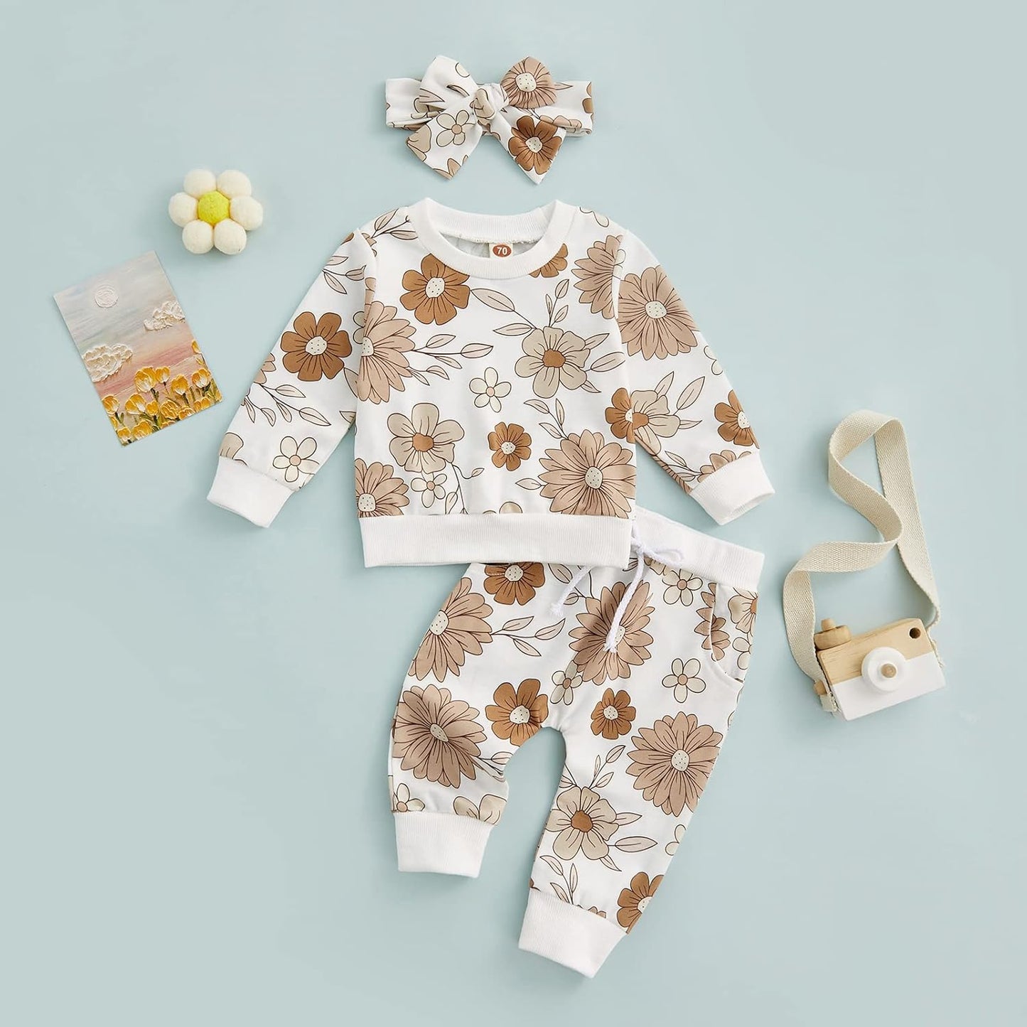 3Pcs Baby Girl Outfits Daisy Sweatshirt + Pants + Headband Infant Fall Winter Clothes