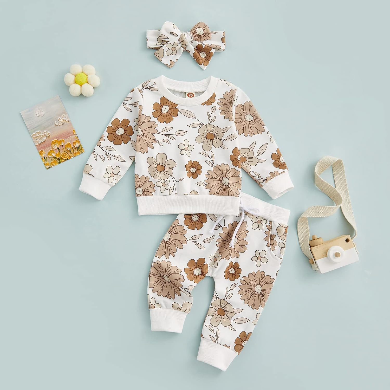 3Pcs Baby Girl Outfits Daisy Sweatshirt + Pants + Headband Infant Fall Winter Clothes